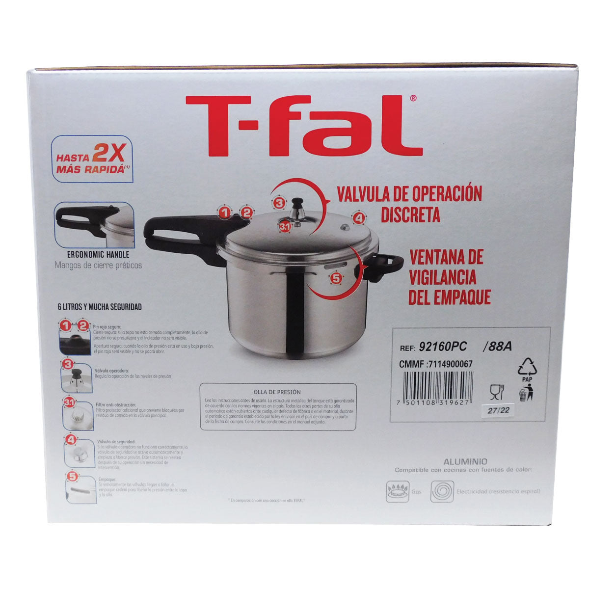 Olla Express de Presión 6 QT (5.7 L) Aluminio T-Fal 92160PC
