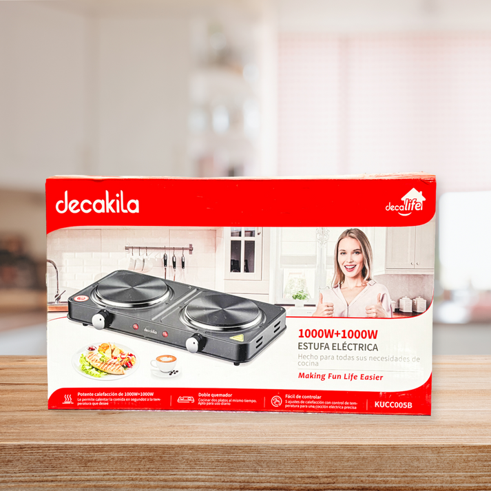 Parrilla Eléctrica de Plato Doble Quemador con Regulador de Temperatura Negro Decakila KUCC005B