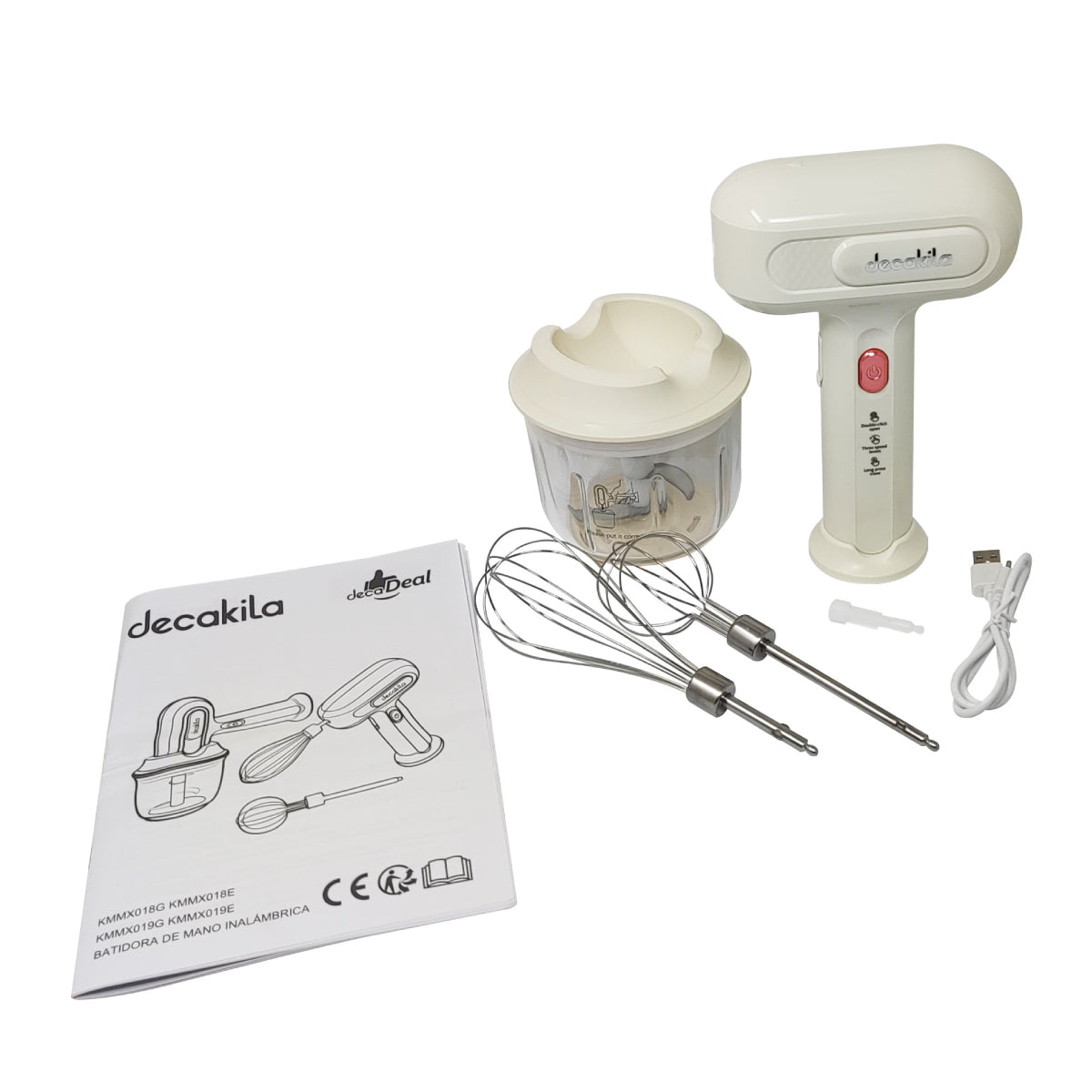 Batidora de Mano 3 Velocidades con Procesador Inalámbrica Blanca Decakila KMMX019E (Caja con 6 Piezas)