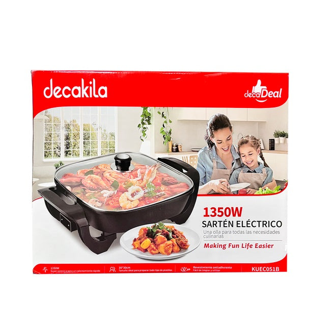 Sartén Eléctrico de 30 X 30 cm con Antiadherente y Tapa de Vidrio Negro Decakila KUEC051B