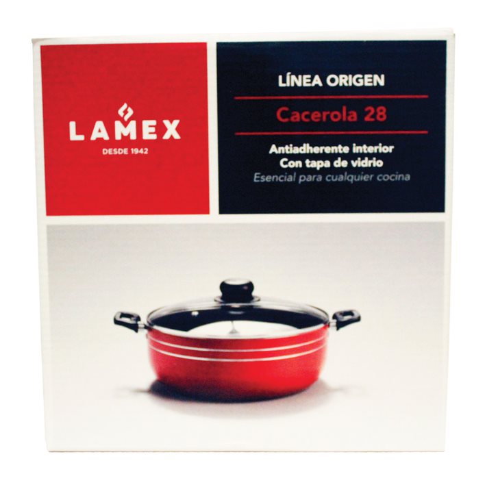 Cacerola 28 Cm Con Tapa de Vidrio Antiadherente Roja Lamex 6672-9