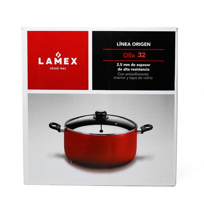 Olla 32 cm (11.6 L) con Antiadherente y Tapa Vidrio Roja Lamex 6669-9