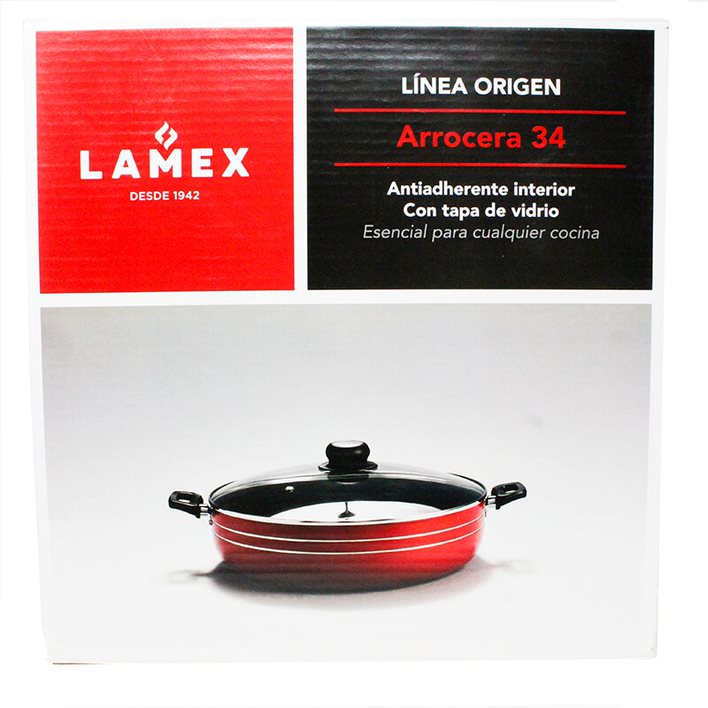 Arrocera 34 Cm con Tapa de Vidrio Antiadherente Roja Lamex 6591-3