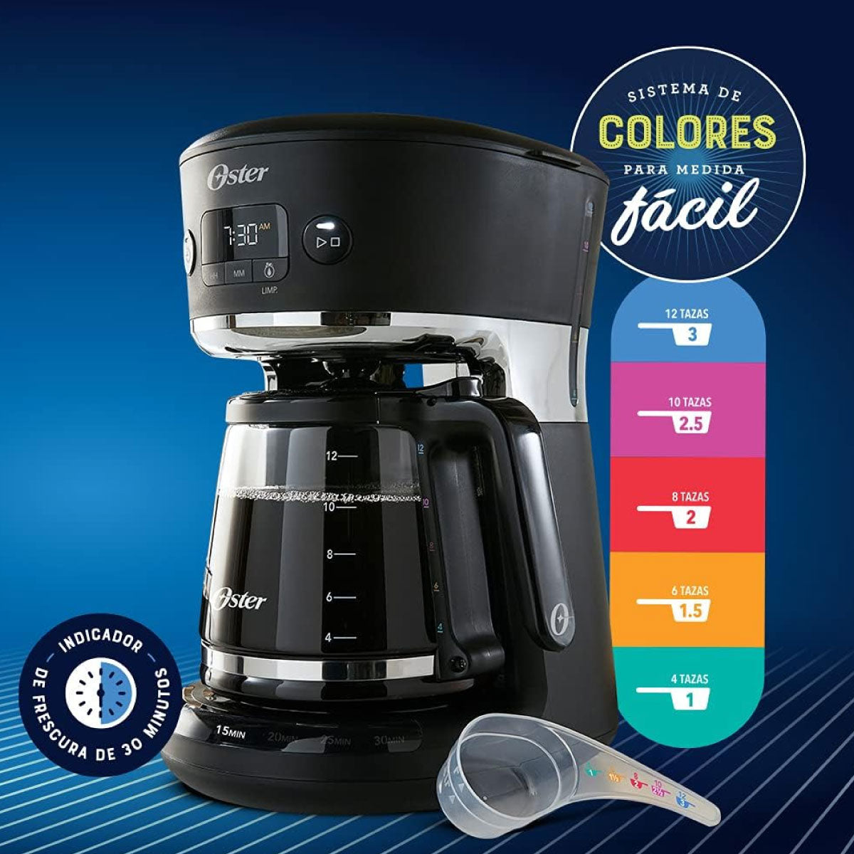 Cafetera Programable 12 Tazas con Sistema de Medida en Color Oster BVSTRF100-013 (2083222)